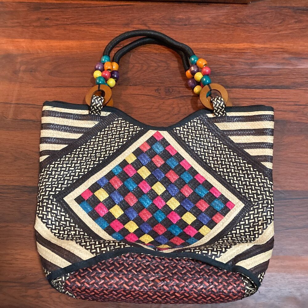 Handmade Columbian Arrow Cane Weave Tote Colorful Geometric Design Resort Bag